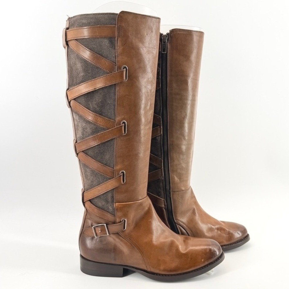 Frye Jordan Strappy Tall Riding Boots Brown Leather Gray Suede Mix 7B Deadstock